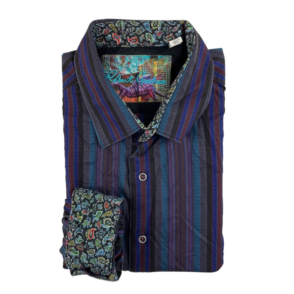 Robert Graham Mens XL Purple Blue Striped Paisley Flip Cuff Button Front Shirt